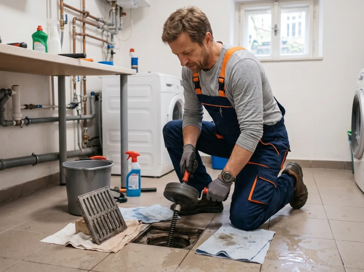 Instalatér čistí ucpaný podlahový odtok